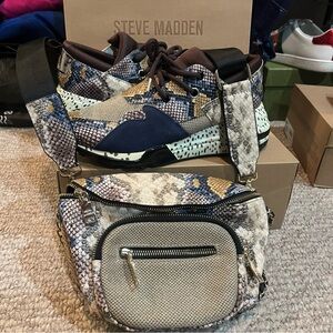 Steve Madden Multicolor Snake Print Belt Bag with matching sneakers.